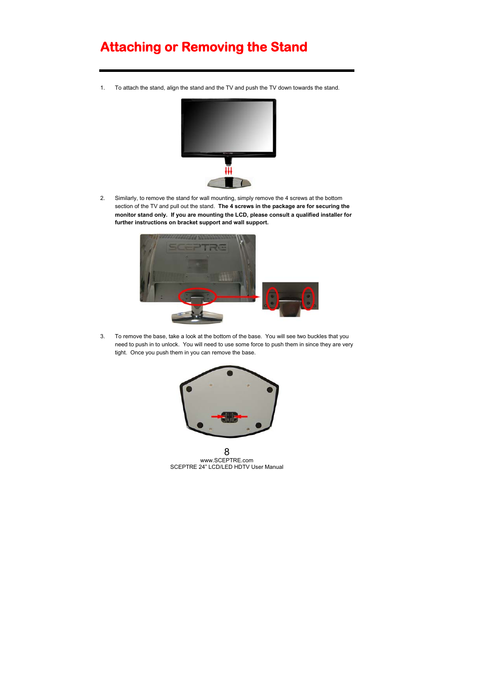 Attaching or removing the stand | Sceptre X270PV-FHD User Manual | Page 8 / 53