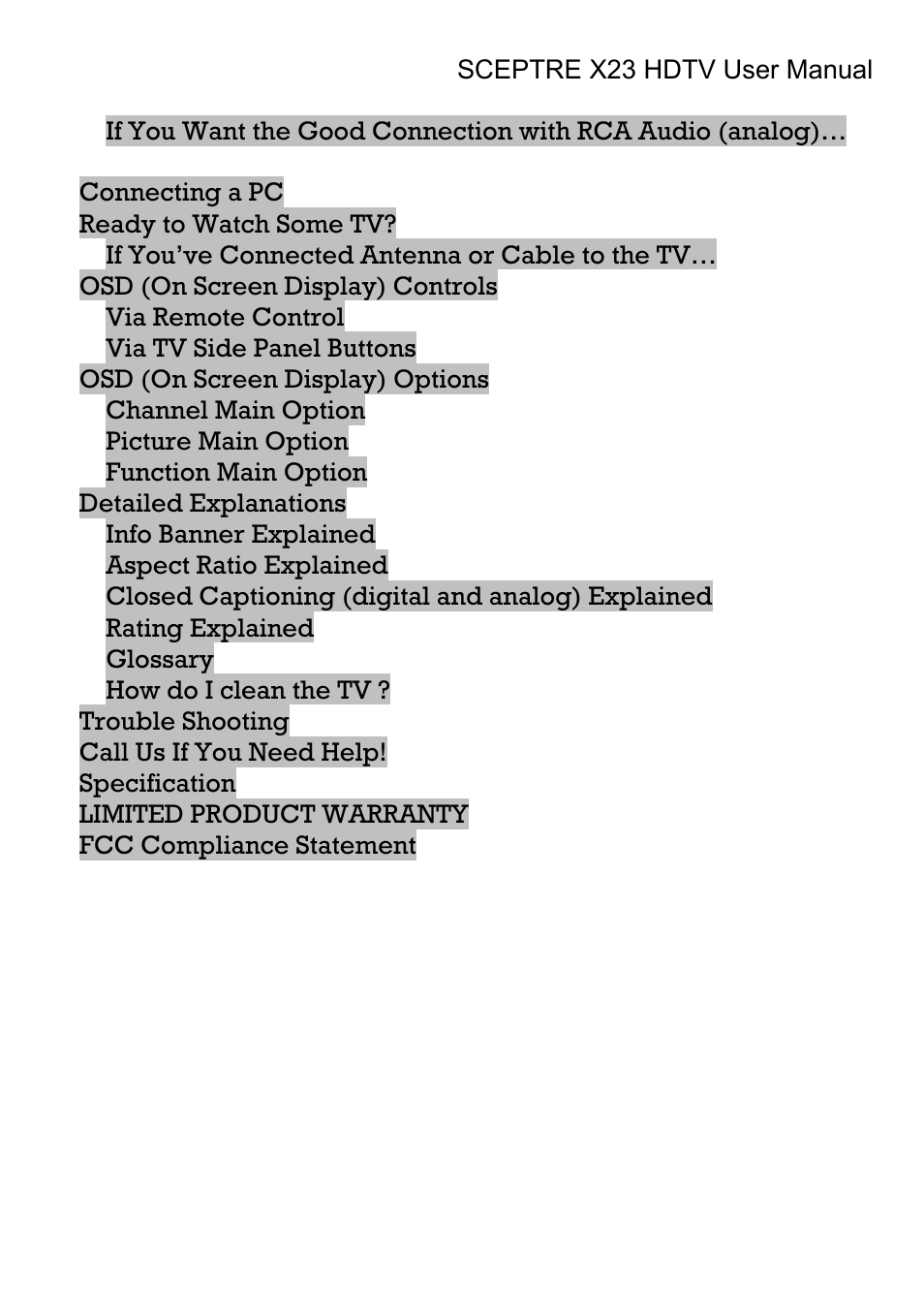 Connecting a pc, Ready to watch some tv, If you’ve connected antenna or cable to the tv | Osd (on screen display) controls, Via remote control, Via tv side panel buttons, Osd (on screen display) options, Channel main option, Picture main option, Function main option | Sceptre X23RV-KOMODO User Manual | Page 10 / 111