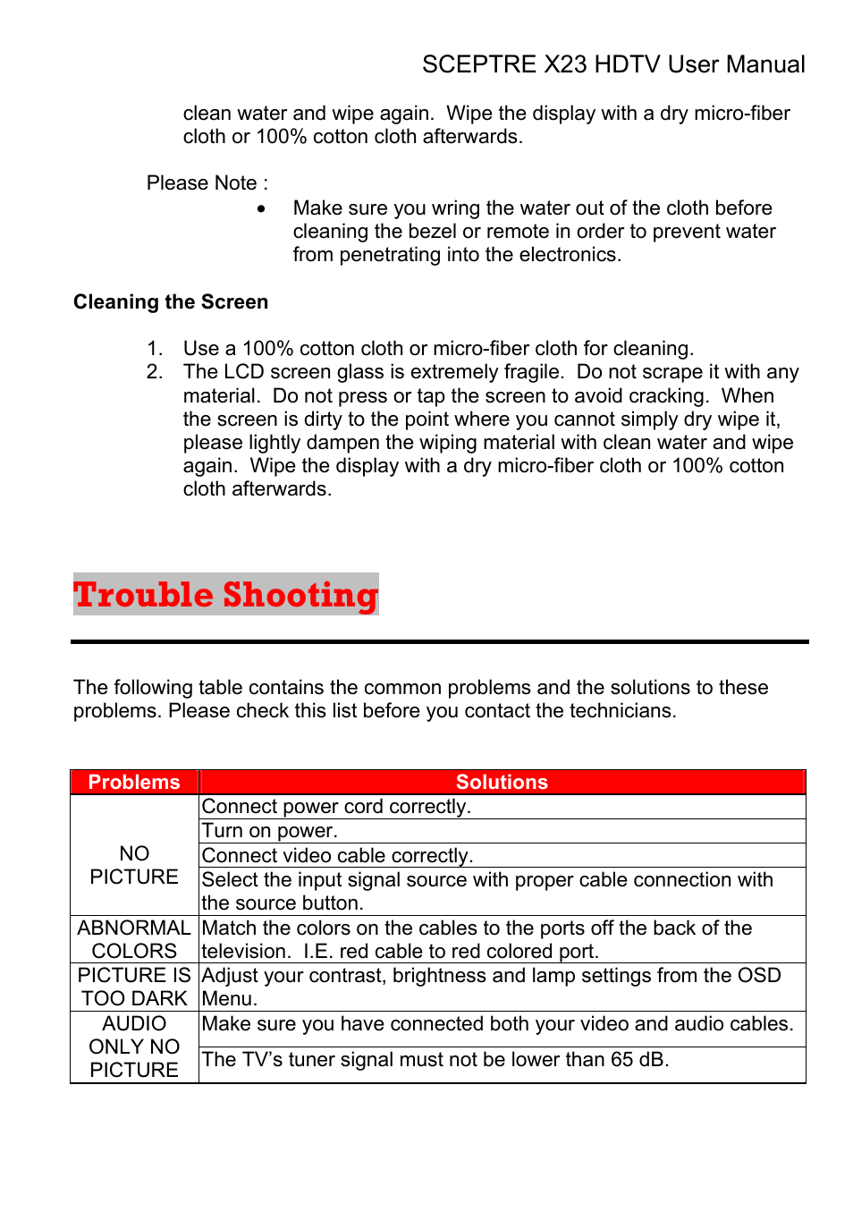 Trouble shooting | Sceptre X23RV-KOMODO User Manual | Page 100 / 111