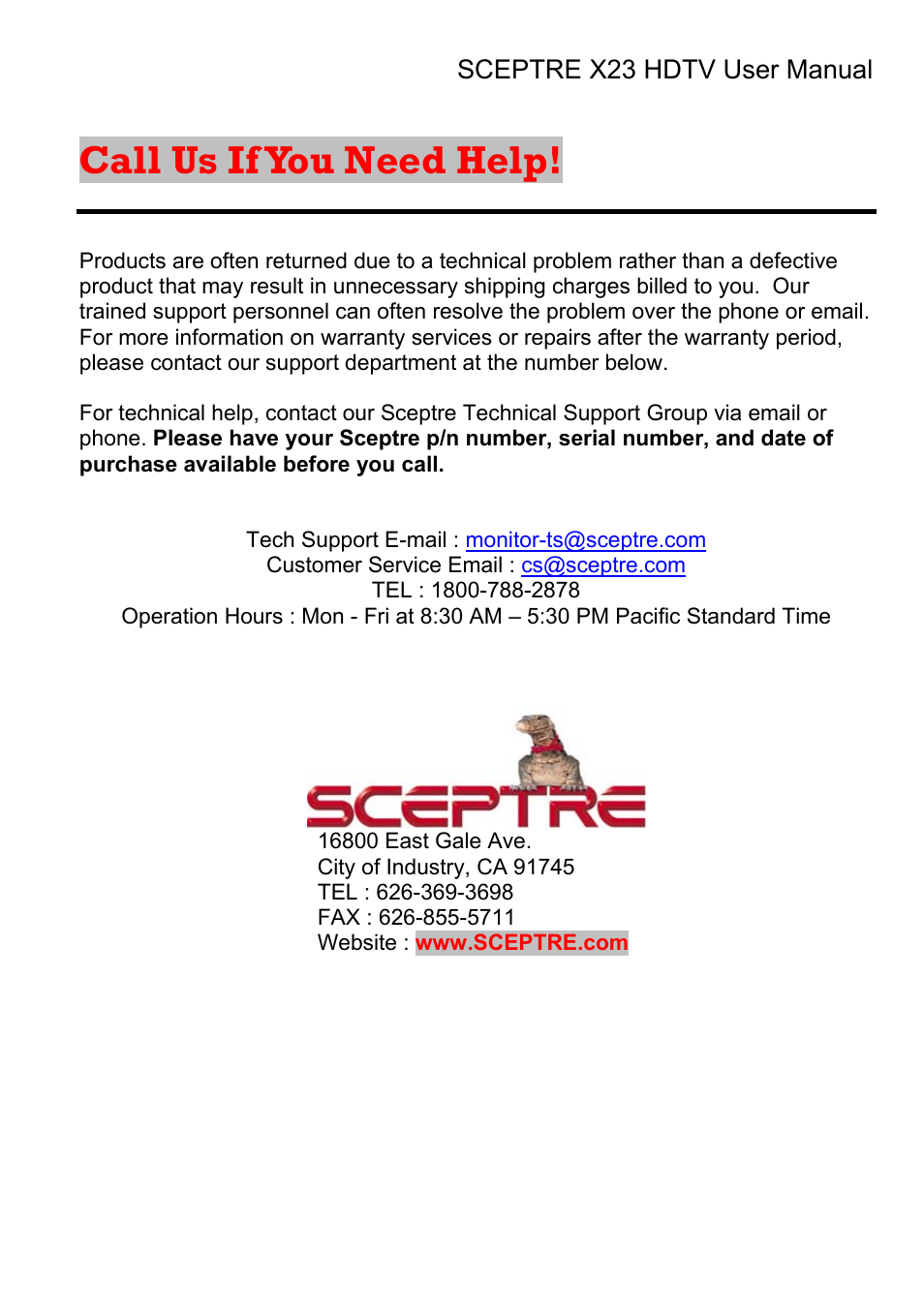 Call us if you need help | Sceptre X23RV-KOMODO User Manual | Page 104 / 111