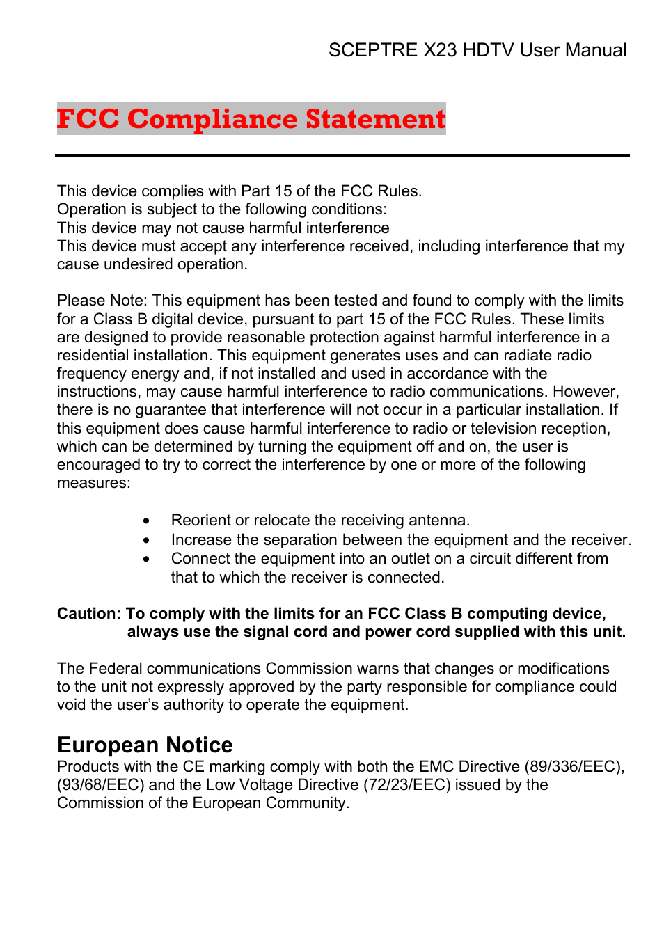Fcc compliance statement, European notice | Sceptre X23RV-KOMODO User Manual | Page 111 / 111