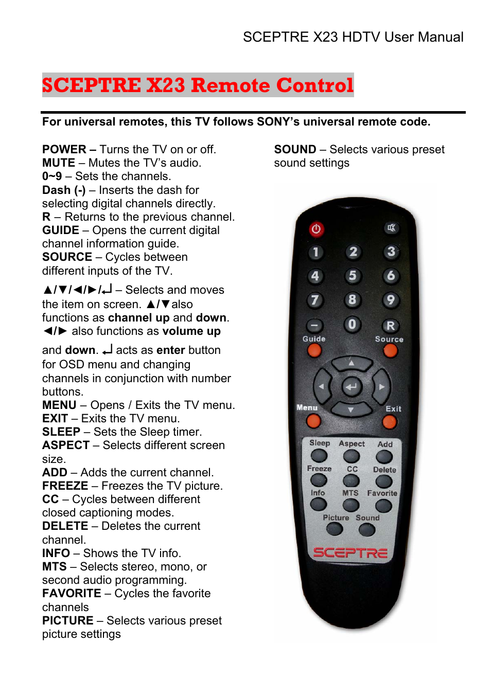 Sceptre x23 remote control | Sceptre X23RV-KOMODO User Manual | Page 19 / 111