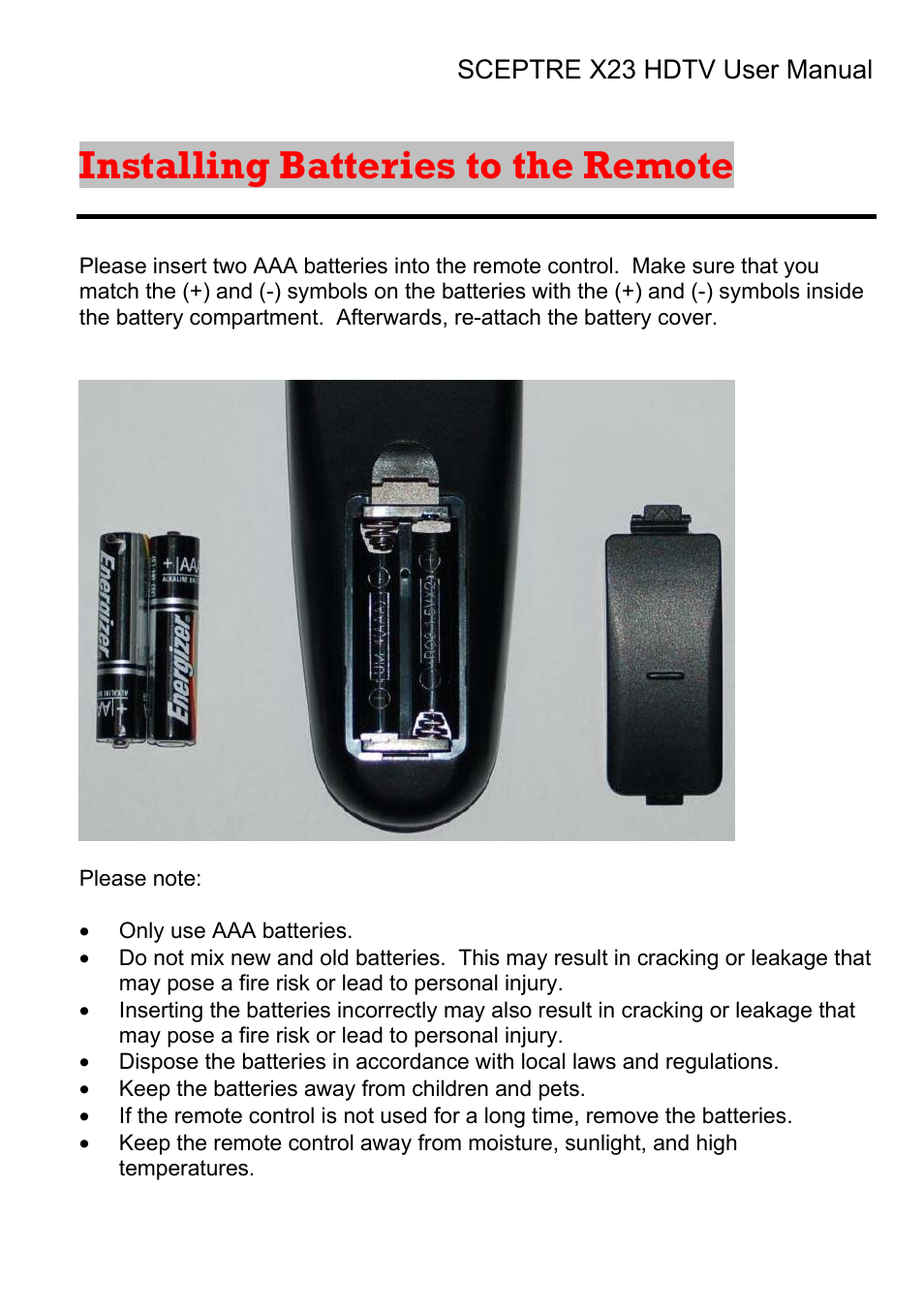 Installing batteries to the remote | Sceptre X23RV-KOMODO User Manual | Page 20 / 111