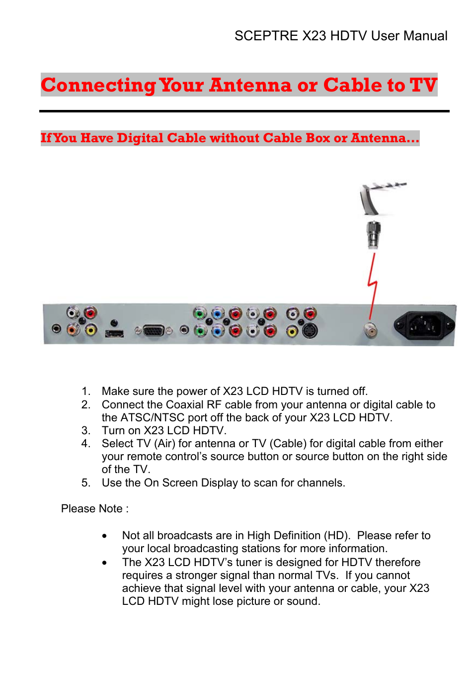 Connecting your antenna or cable to tv | Sceptre X23RV-KOMODO User Manual | Page 26 / 111