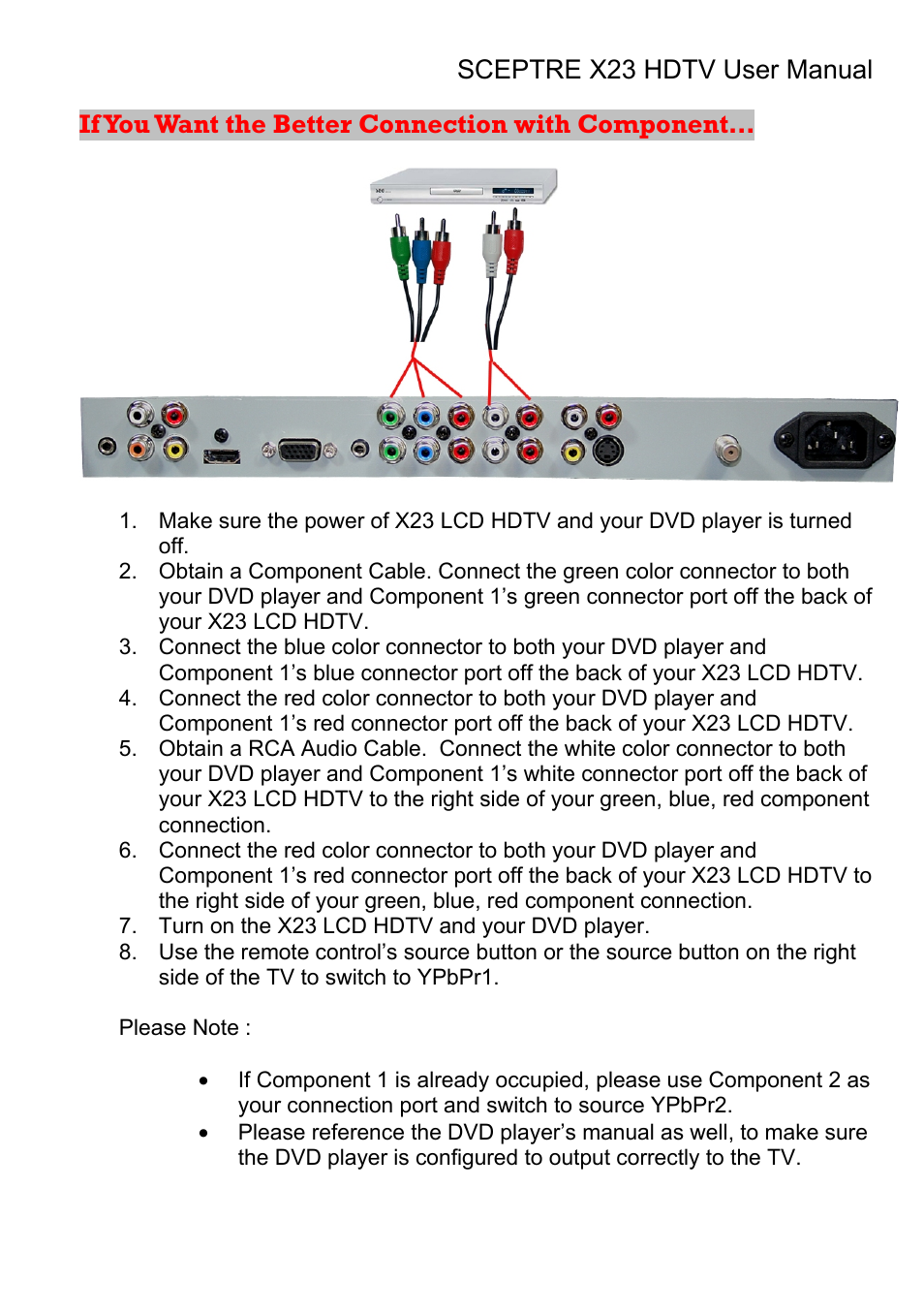 If you want the better connection with component | Sceptre X23RV-KOMODO User Manual | Page 30 / 111