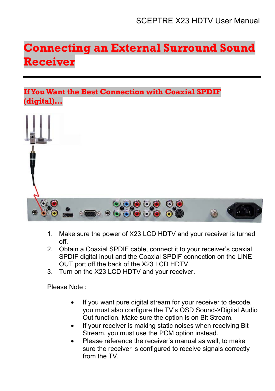 Connecting an external surround sound receiver | Sceptre X23RV-KOMODO User Manual | Page 38 / 111