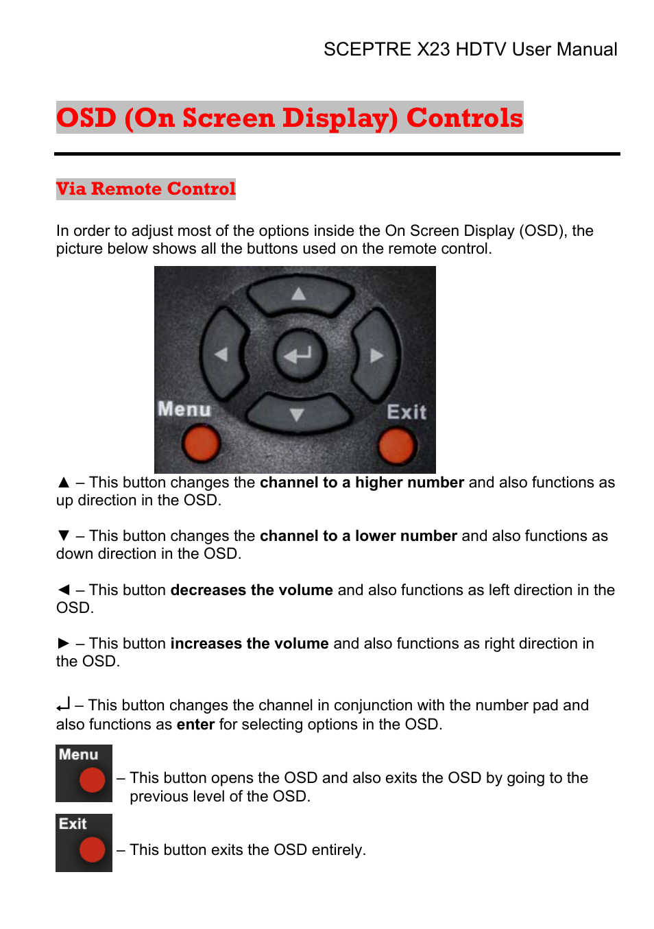Osd (on screen display) controls | Sceptre X23RV-KOMODO User Manual | Page 43 / 111