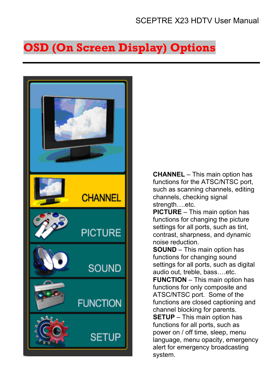 Osd (on screen display) options | Sceptre X23RV-KOMODO User Manual | Page 45 / 111