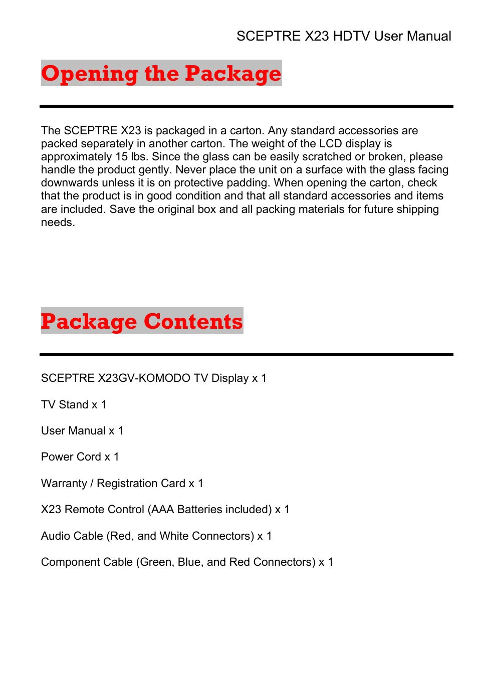 Opening the package, Package contents | Sceptre X23RV-KOMODO User Manual | Page 6 / 111