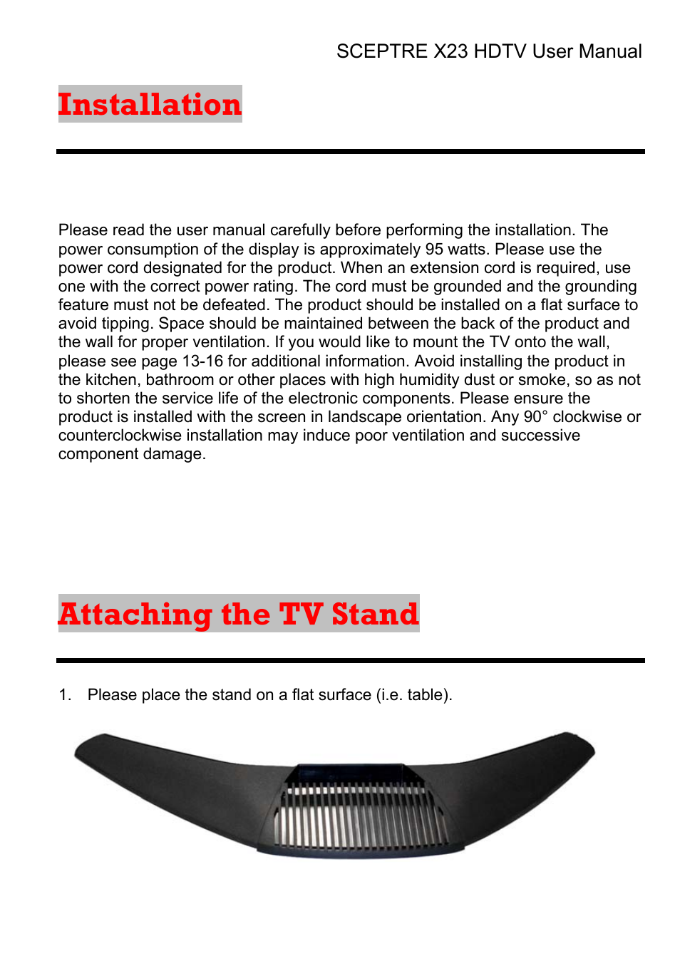 Installation, Attaching the tv stand | Sceptre X23RV-KOMODO User Manual | Page 7 / 111