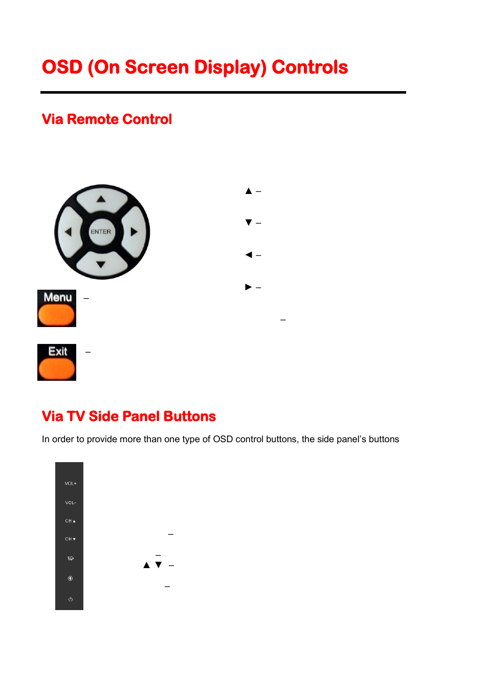 Osd (on screen display) controls, Via remote control, Via tv side panel buttons | Sceptre X320BV-HD User Manual | Page 24 / 51