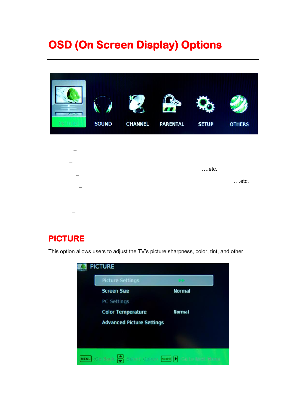 Osd (on screen display) options, Picture | Sceptre X320BV-HD User Manual | Page 25 / 51