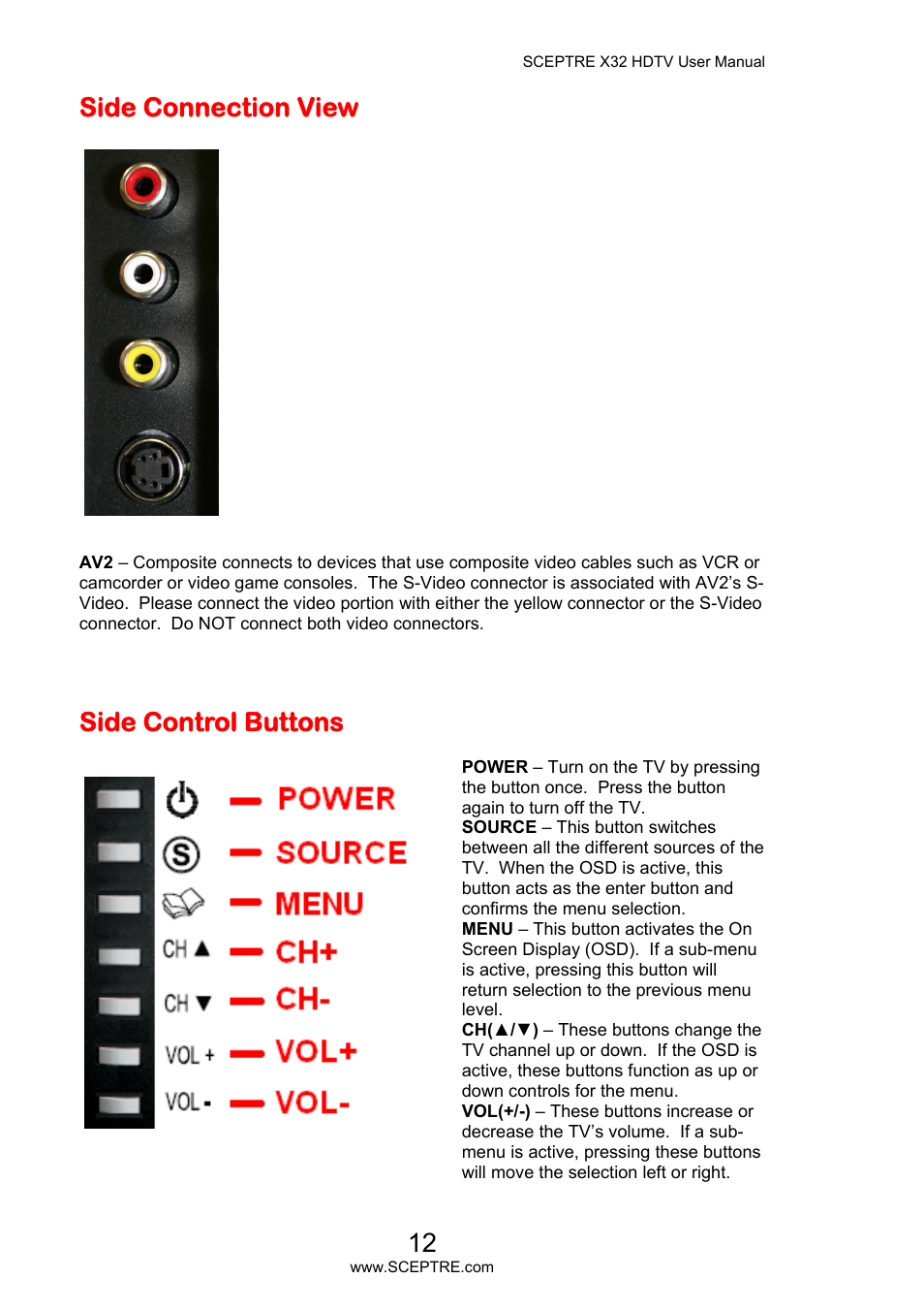 Side connection view, Side control buttons | Sceptre X32BV-NAGA User Manual | Page 12 / 93