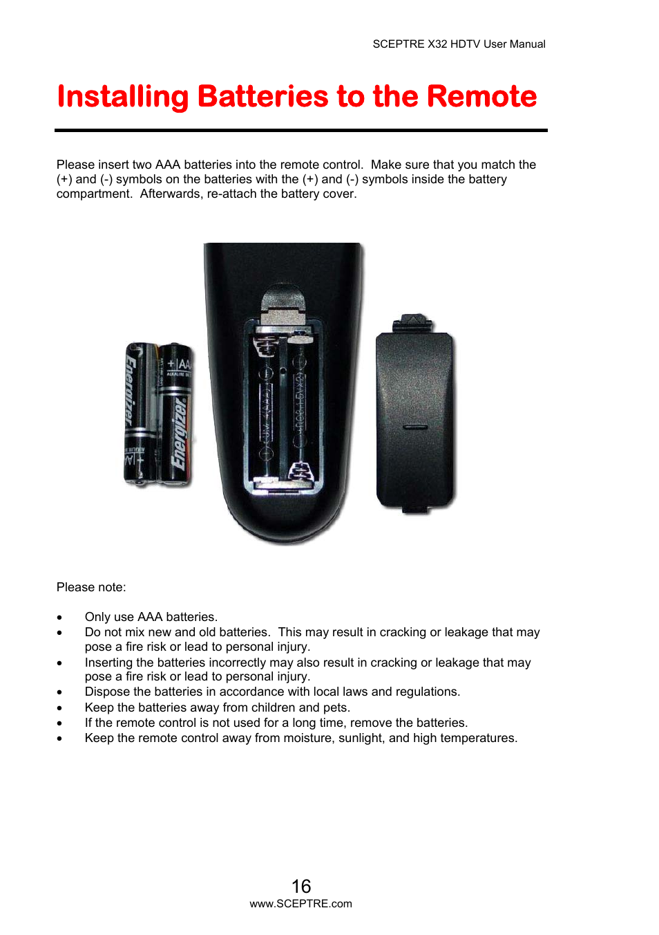 Installing batteries to the remote | Sceptre X32BV-NAGA User Manual | Page 16 / 93