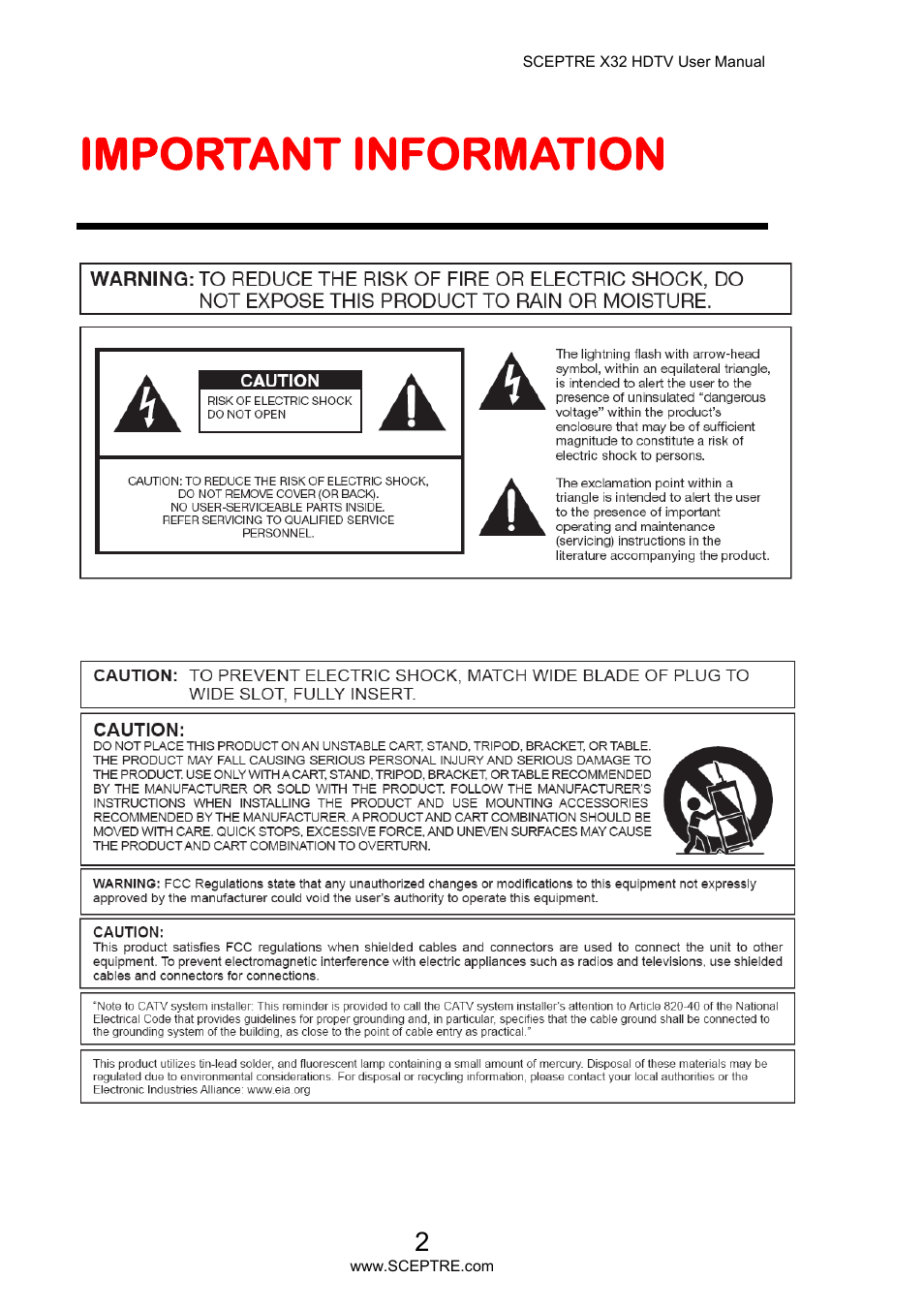 Important information | Sceptre X32BV-NAGA User Manual | Page 2 / 93