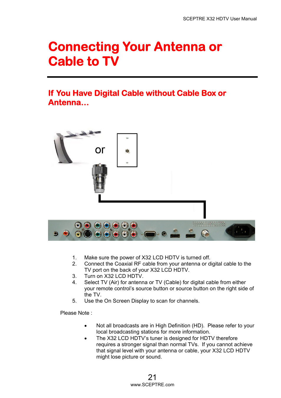 Connecting your antenna or cable to tv | Sceptre X32BV-NAGA User Manual | Page 21 / 93