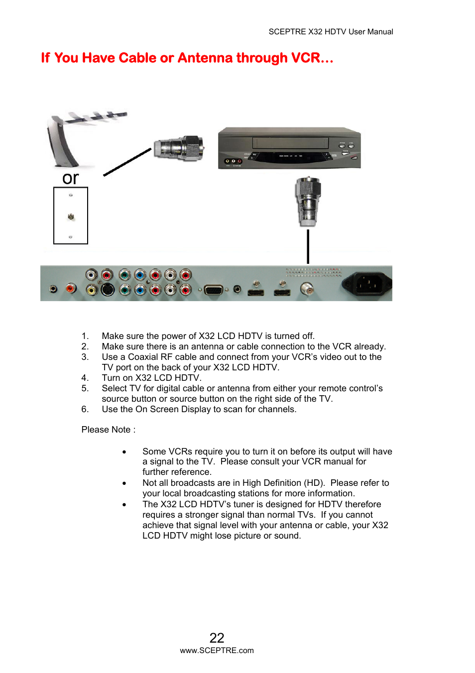 If you have cable or antenna through vcr | Sceptre X32BV-NAGA User Manual | Page 22 / 93