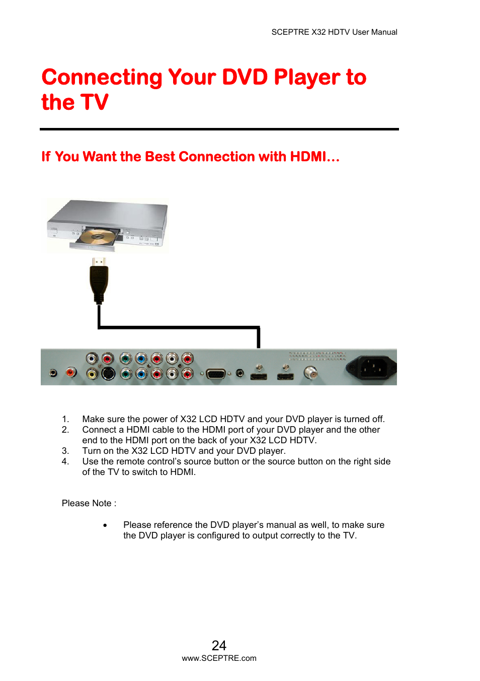 Connecting your dvd player to the tv, If you want the best connection with hdmi | Sceptre X32BV-NAGA User Manual | Page 24 / 93
