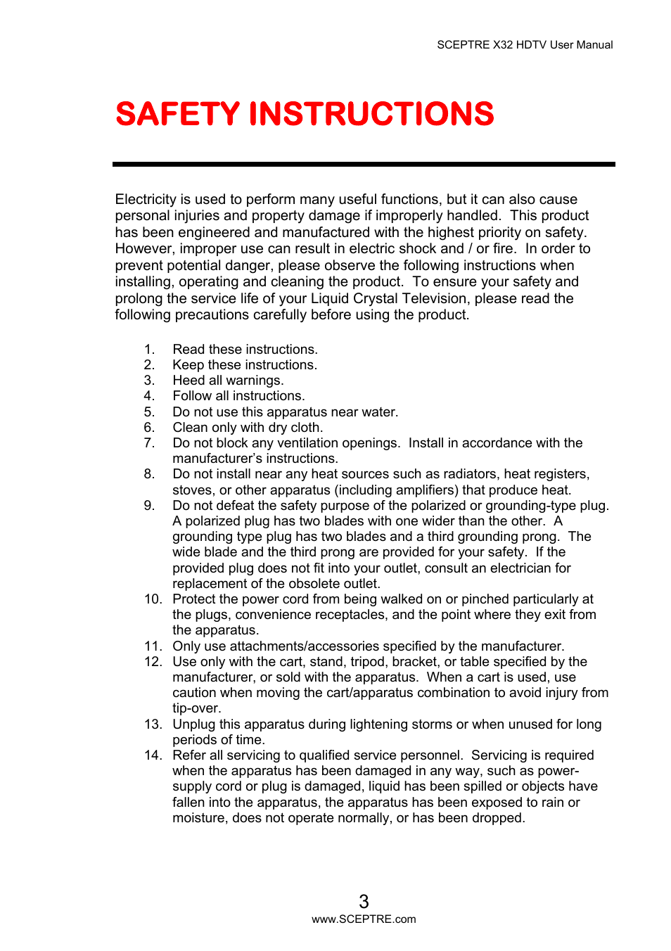 Safety instructions | Sceptre X32BV-NAGA User Manual | Page 3 / 93