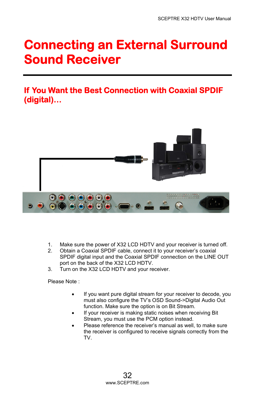 Connecting an external surround sound receiver | Sceptre X32BV-NAGA User Manual | Page 32 / 93