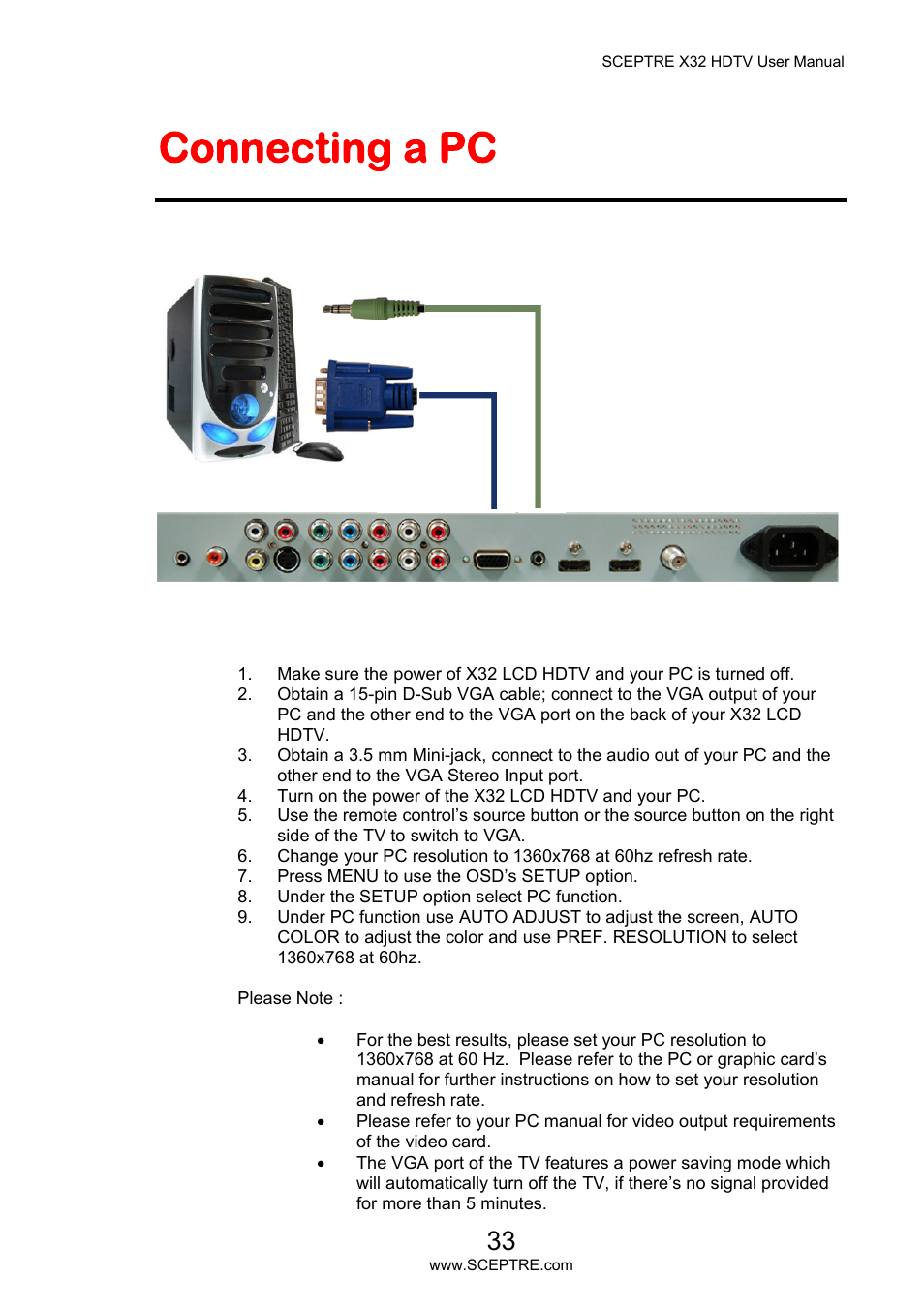 Connecting a pc | Sceptre X32BV-NAGA User Manual | Page 33 / 93