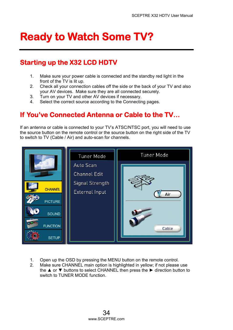 Ready to watch some tv, Starting up the x32 lcd hdtv, If you’ve connected antenna or cable to the tv | Sceptre X32BV-NAGA User Manual | Page 34 / 93