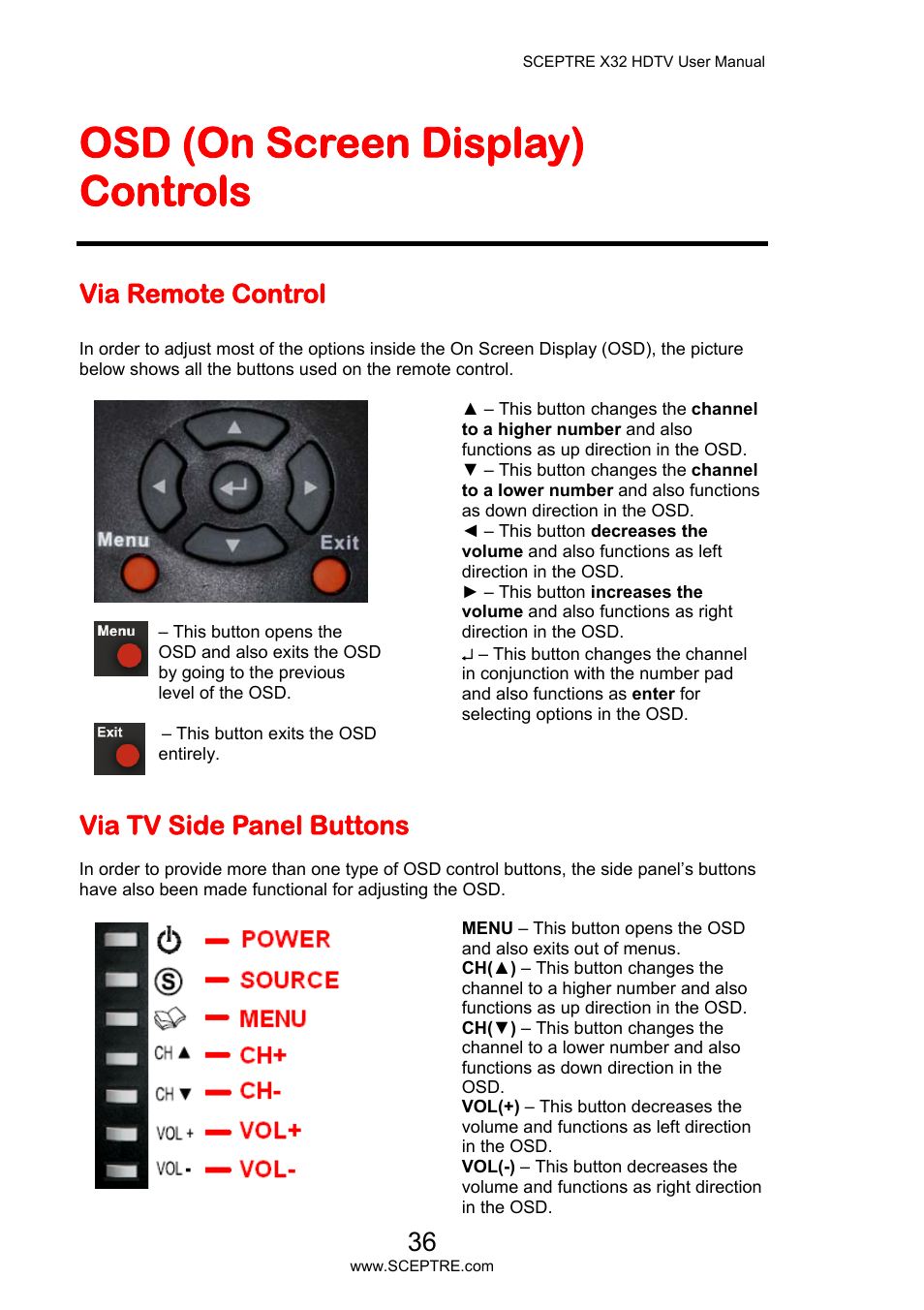 Osd (on screen display) controls, Via remote control, Via tv side panel buttons | Sceptre X32BV-NAGA User Manual | Page 36 / 93