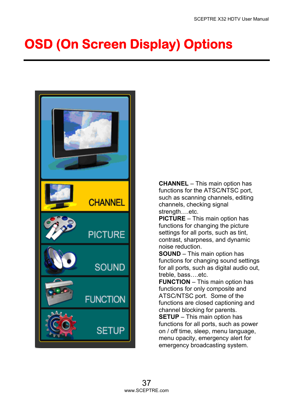 Osd (on screen display) options | Sceptre X32BV-NAGA User Manual | Page 37 / 93