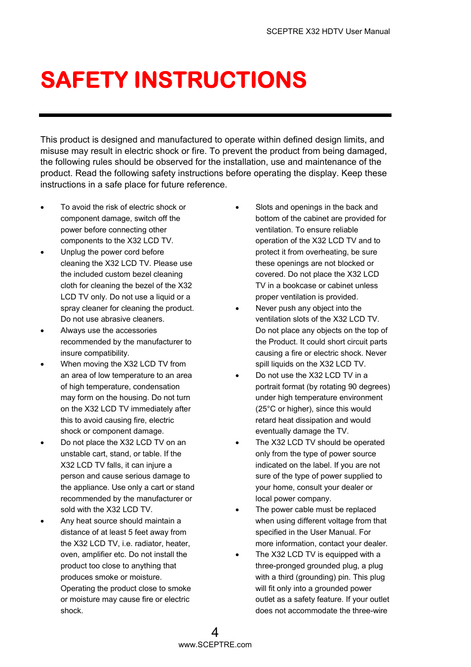 Safety instructions | Sceptre X32BV-NAGA User Manual | Page 4 / 93