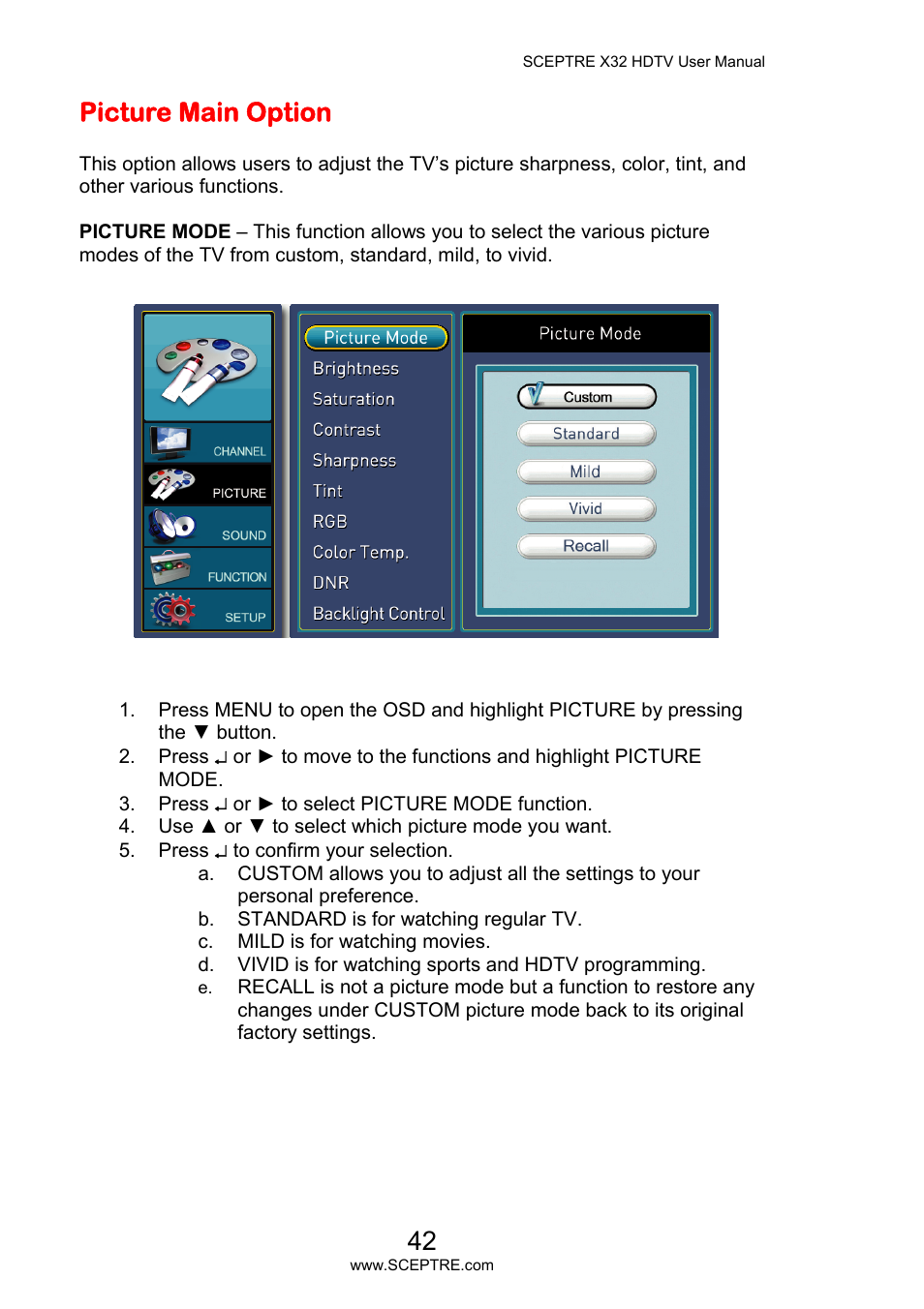 Picture main option | Sceptre X32BV-NAGA User Manual | Page 42 / 93