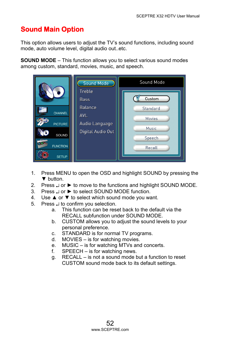 Sound main option | Sceptre X32BV-NAGA User Manual | Page 52 / 93