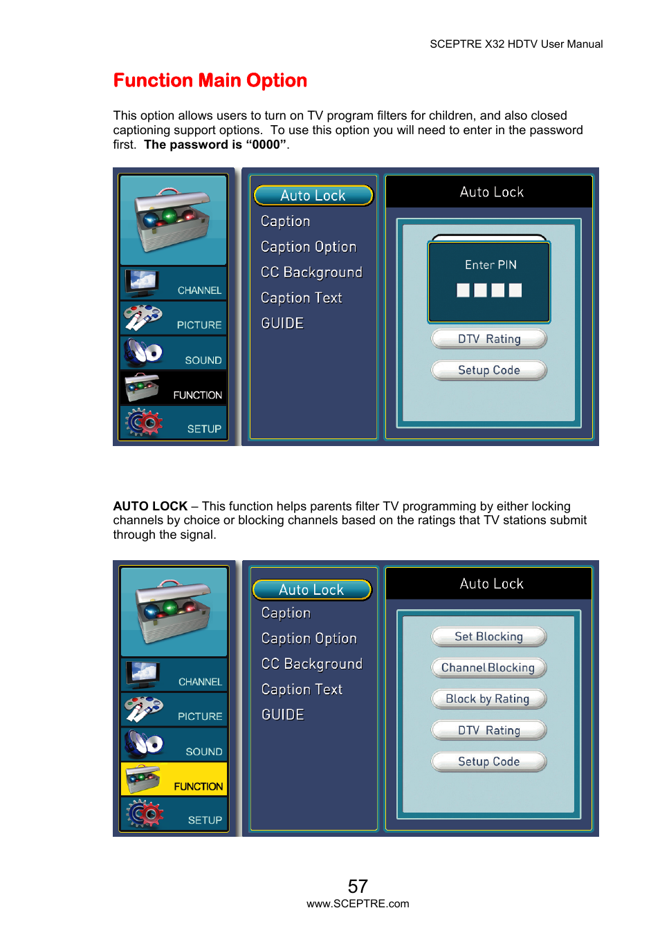 Function main option | Sceptre X32BV-NAGA User Manual | Page 57 / 93