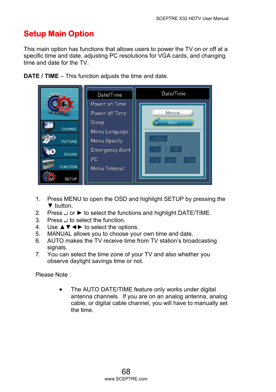 Setup main option | Sceptre X32BV-NAGA User Manual | Page 68 / 93