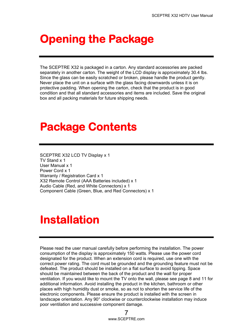 Opening the package, Package contents, Installation | Sceptre X32BV-NAGA User Manual | Page 7 / 93