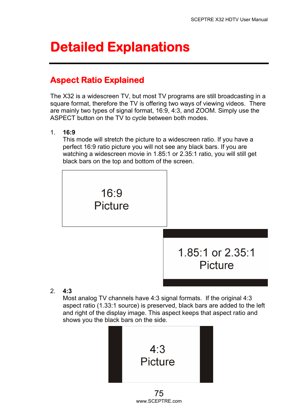 Detailed explanations, Aspect ratio explained | Sceptre X32BV-NAGA User Manual | Page 75 / 93