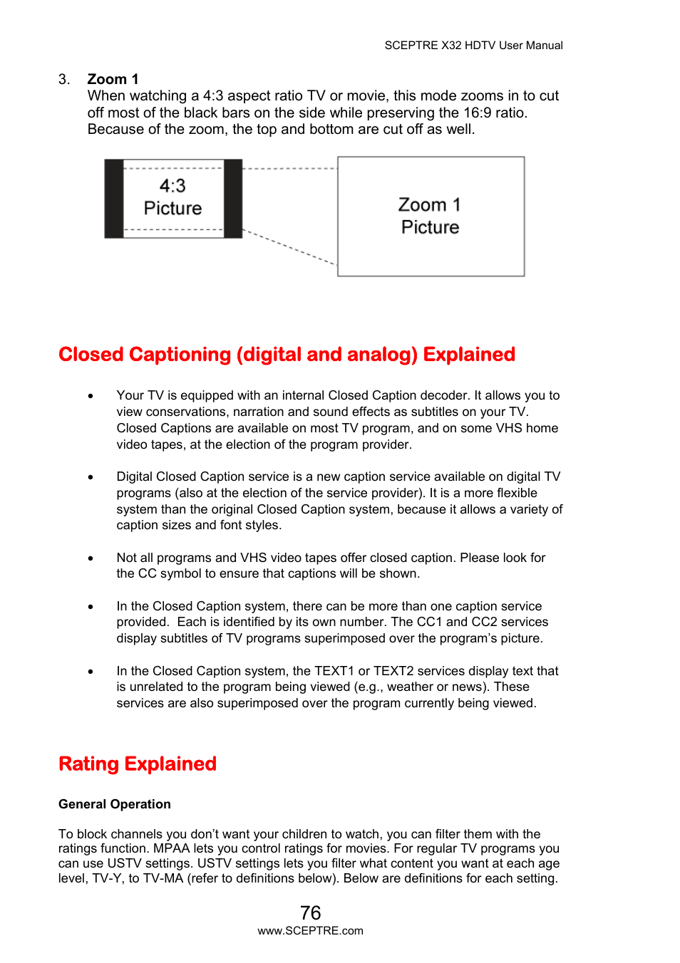 Closed captioning (digital and analog) explained, Rating explained | Sceptre X32BV-NAGA User Manual | Page 76 / 93