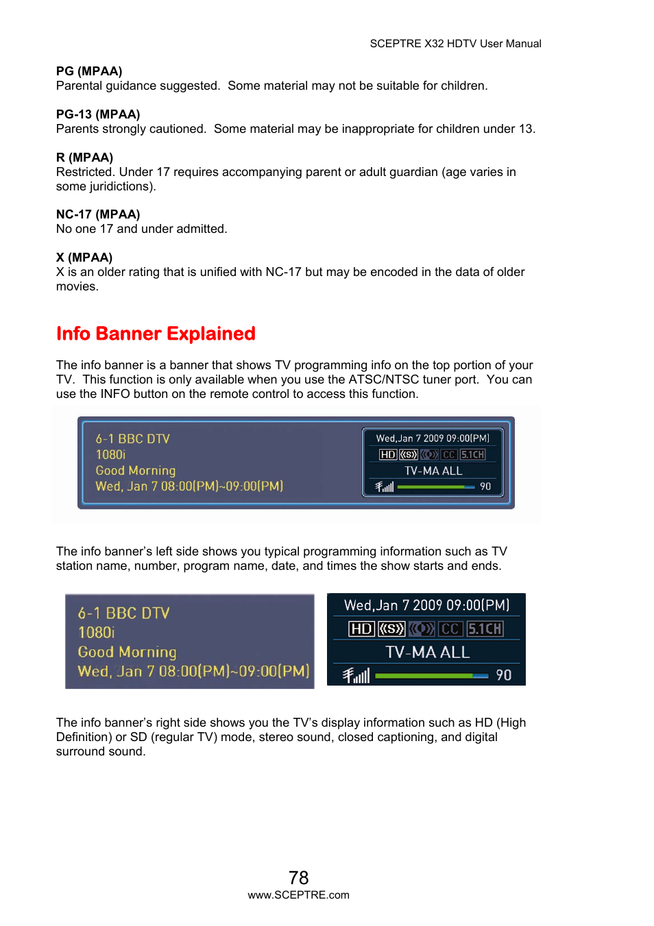 Info banner explained | Sceptre X32BV-NAGA User Manual | Page 78 / 93