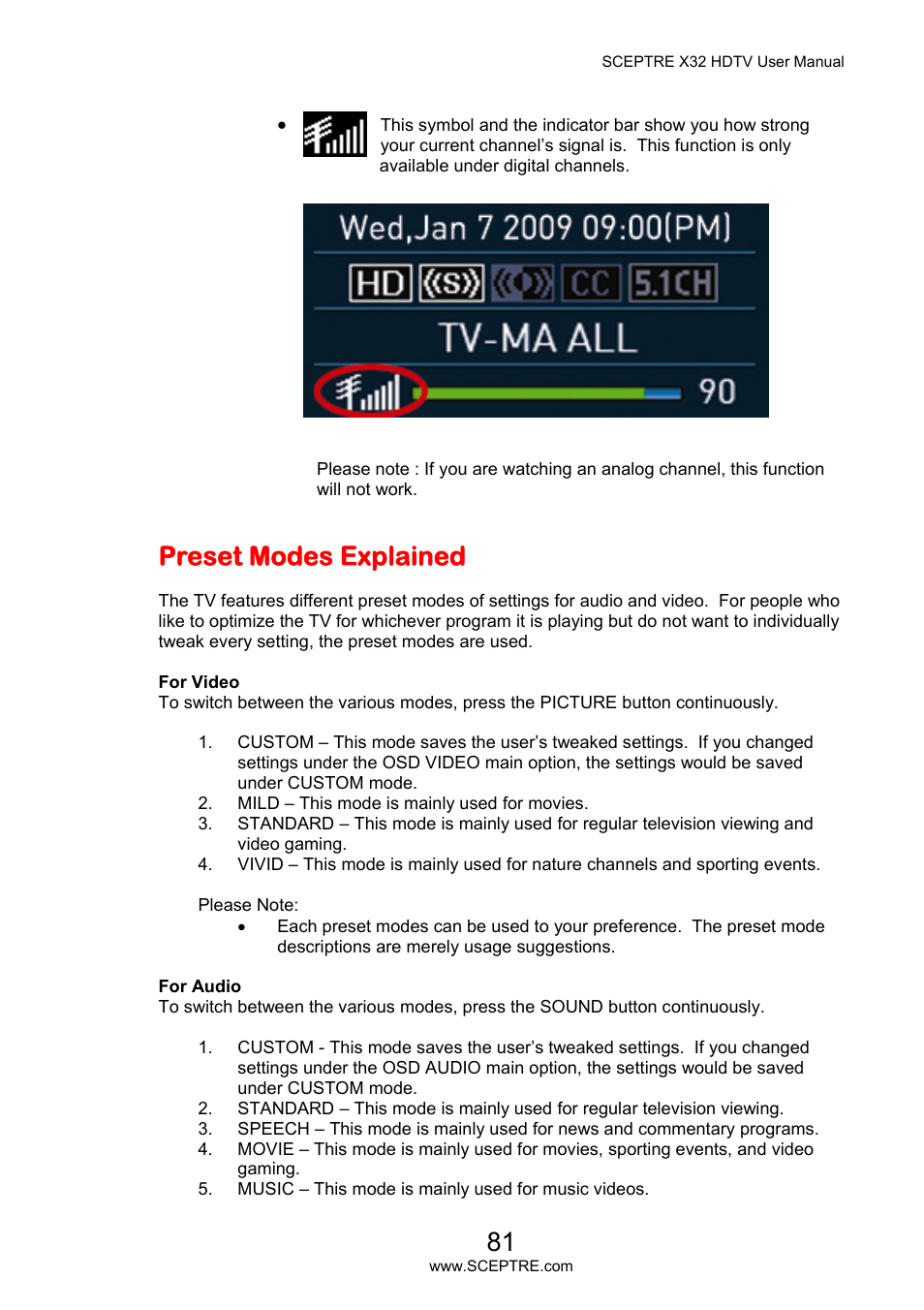Preset modes explained | Sceptre X32BV-NAGA User Manual | Page 81 / 93