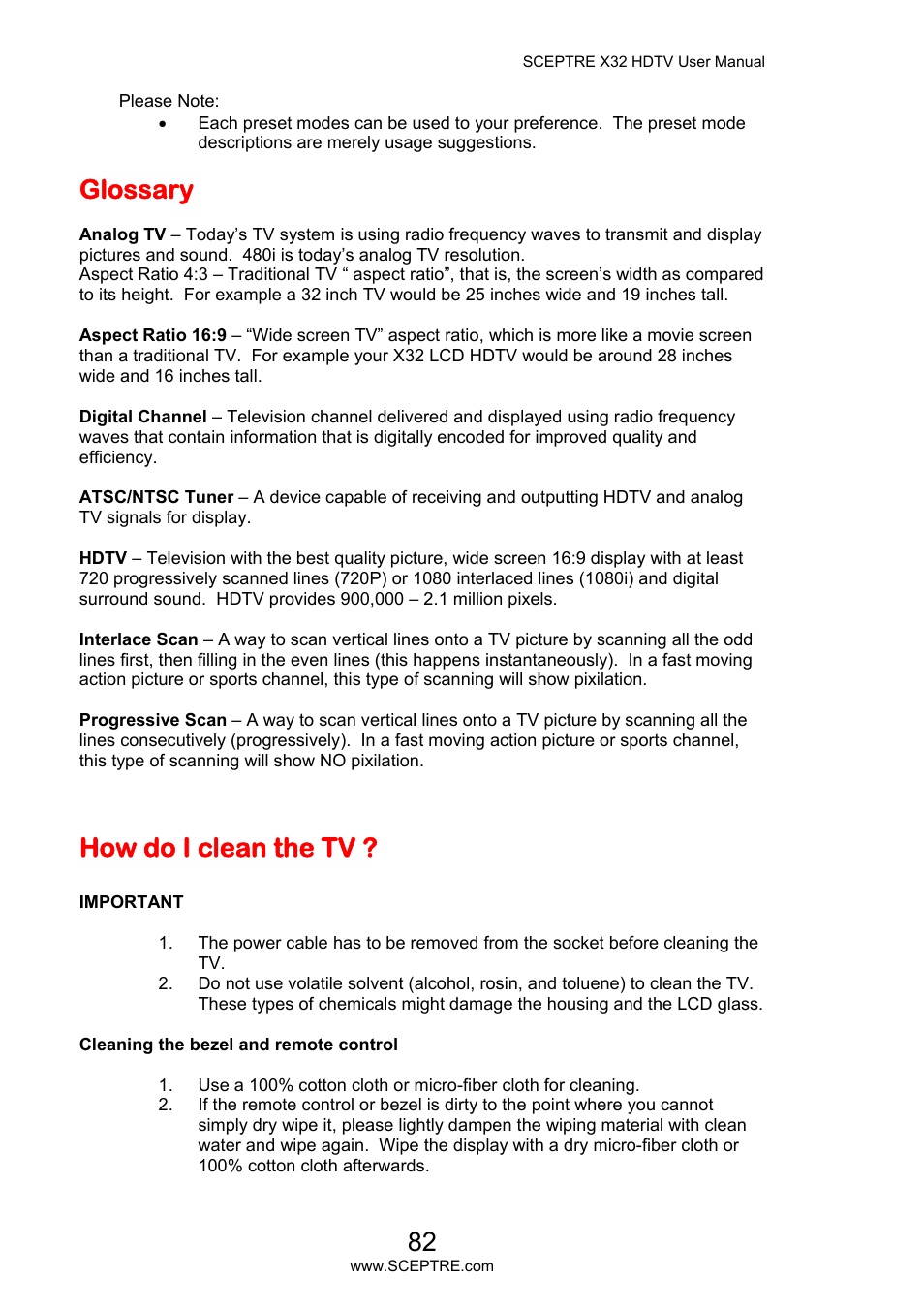 Glossary, How do i clean the tv | Sceptre X32BV-NAGA User Manual | Page 82 / 93