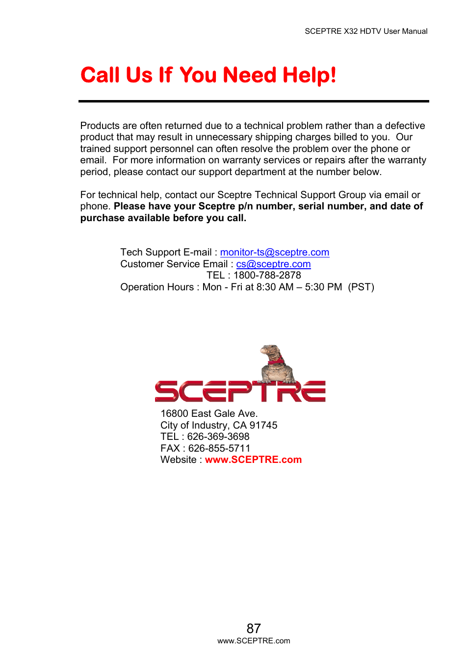 Call us if you need help | Sceptre X32BV-NAGA User Manual | Page 87 / 93