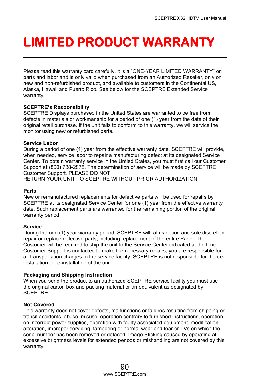 Limited product warranty | Sceptre X32BV-NAGA User Manual | Page 90 / 93