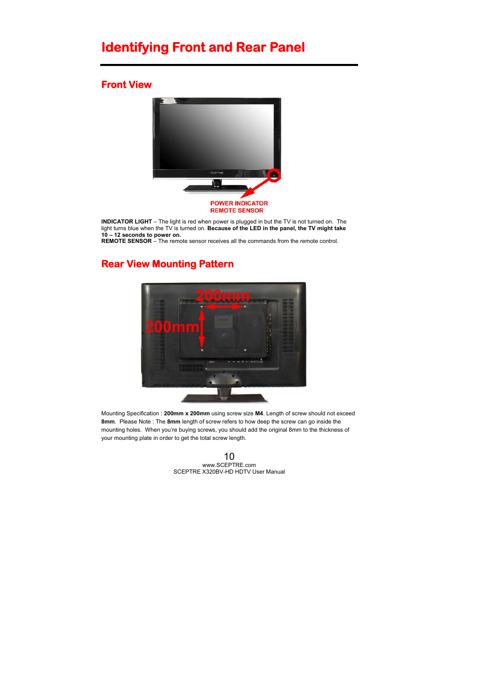 Identifying front and rear panel, Front view, Rear view mounting pattern | Sceptre X320BV-HD User Manual | Page 10 / 55