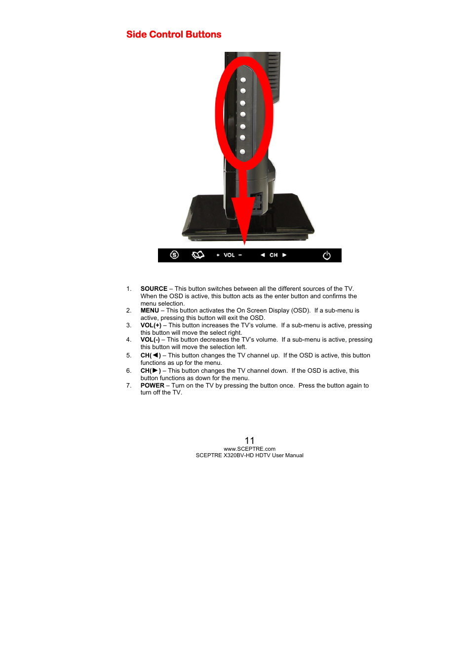 Side control buttons | Sceptre X320BV-HD User Manual | Page 11 / 55