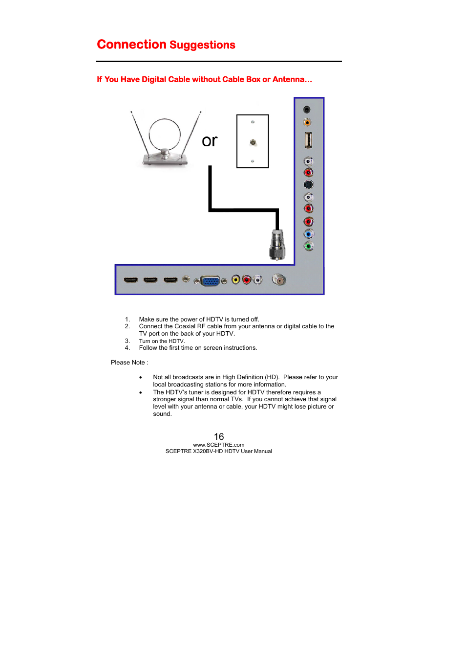 Connection, Suggestions | Sceptre X320BV-HD User Manual | Page 16 / 55