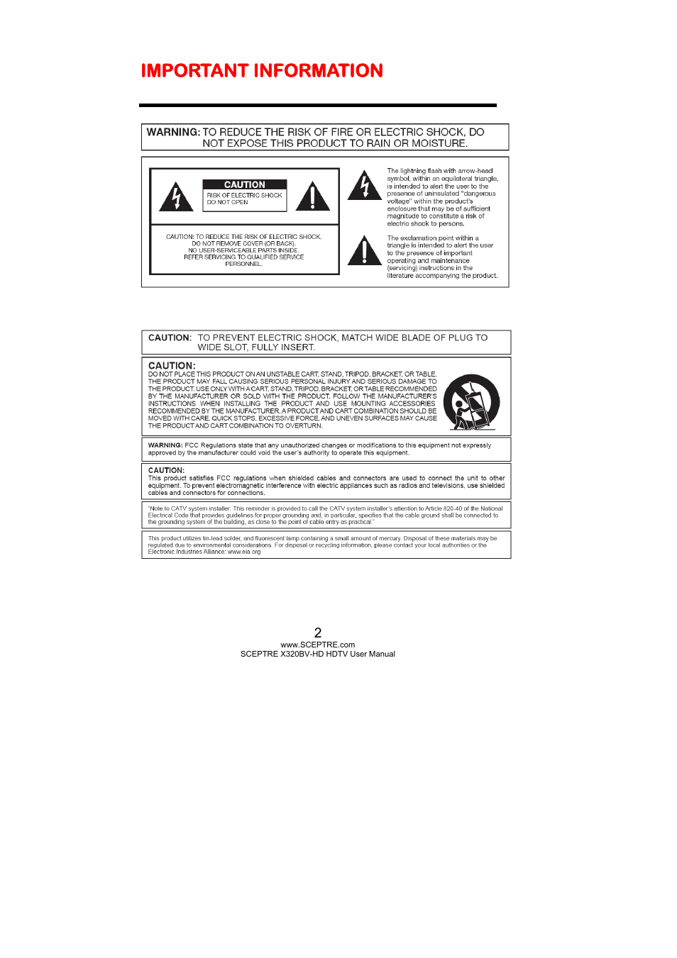 Important information | Sceptre X320BV-HD User Manual | Page 2 / 55