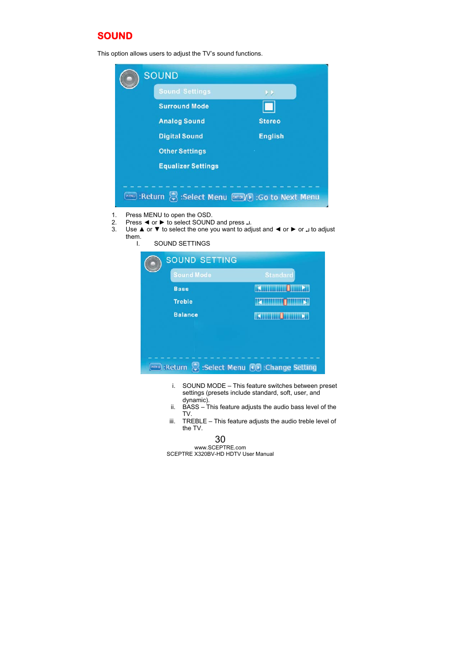 Sound | Sceptre X320BV-HD User Manual | Page 30 / 55