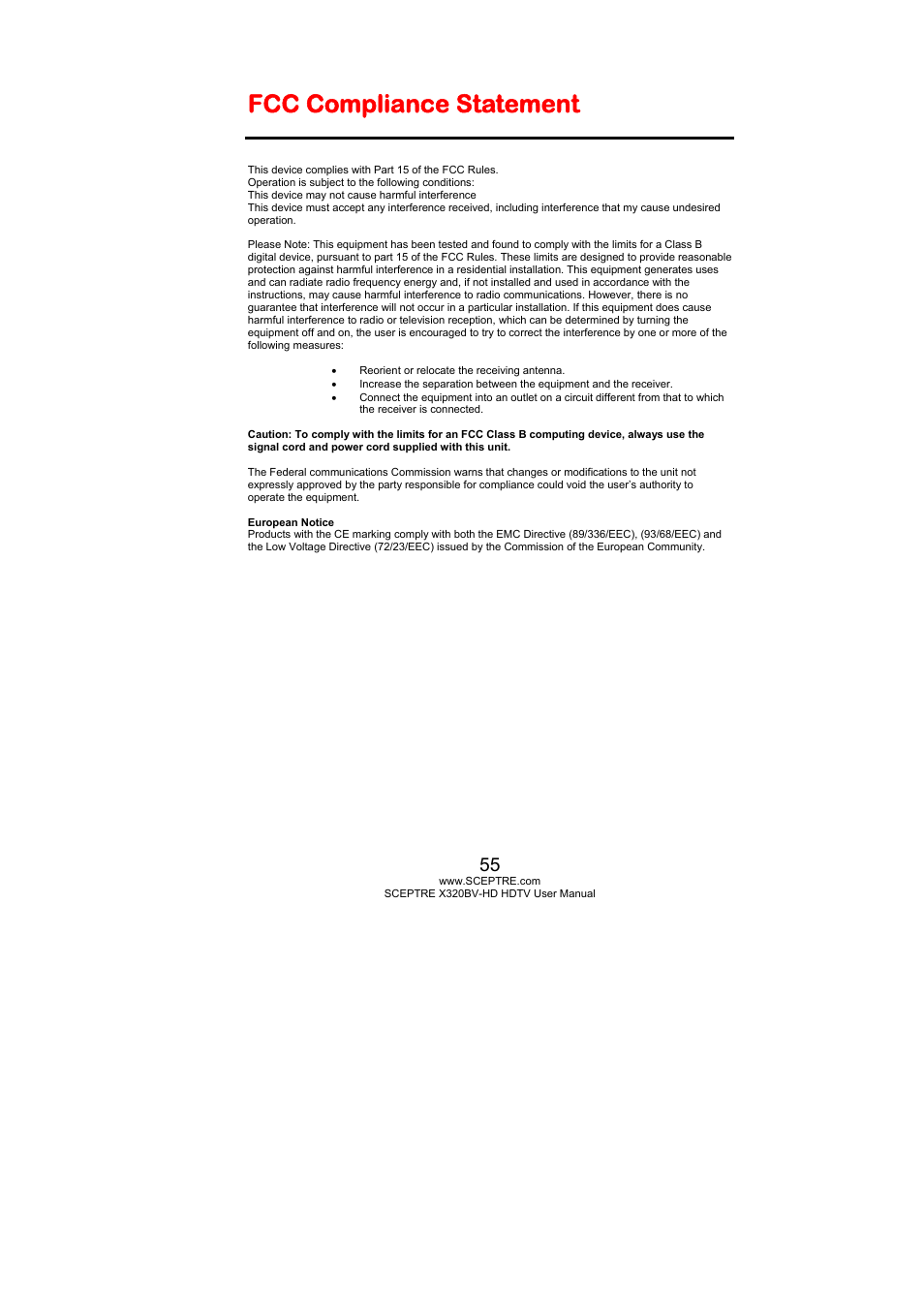 Fcc compliance statement | Sceptre X320BV-HD User Manual | Page 55 / 55
