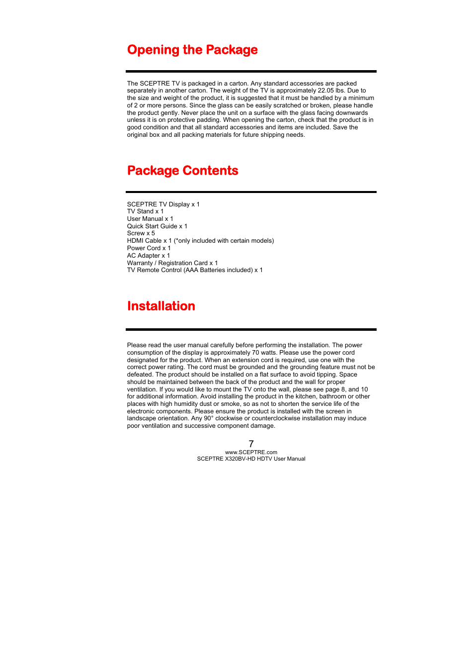 Opening the package, Package contents, Installation | Sceptre X320BV-HD User Manual | Page 7 / 55