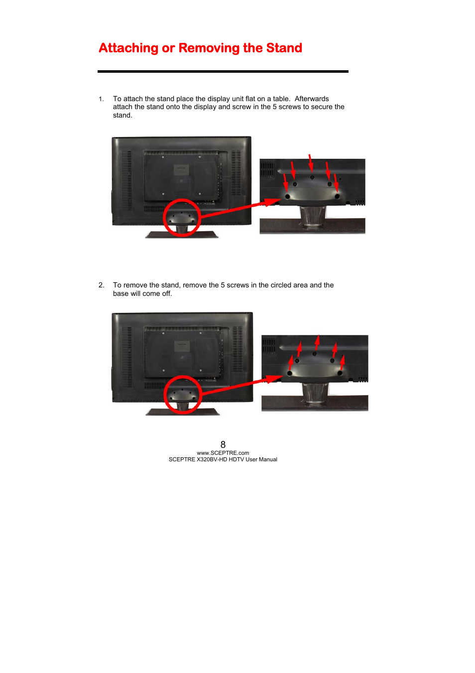 Attaching or removing the stand | Sceptre X320BV-HD User Manual | Page 8 / 55