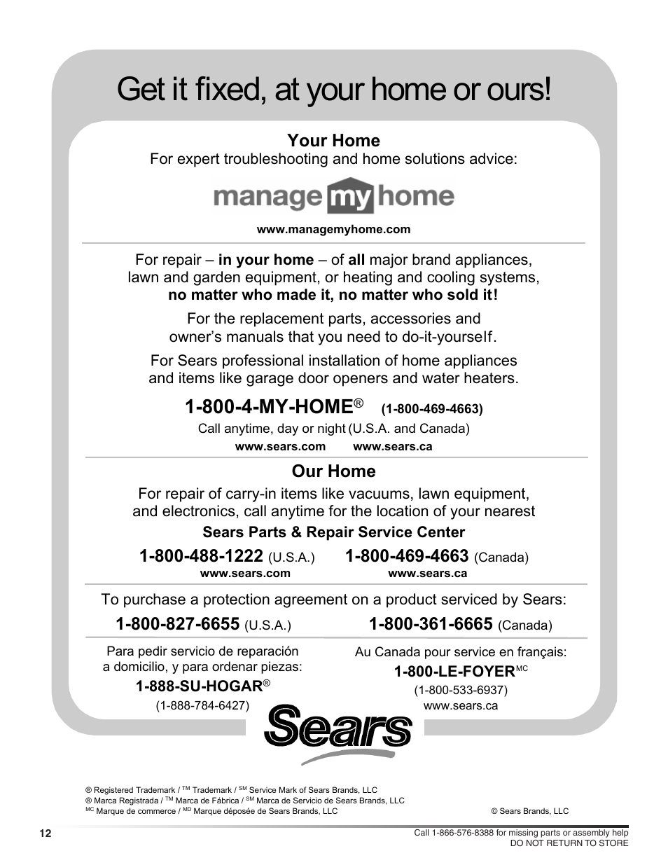 Get it fixed, at your home or ours, 800-4-my-home, Your home | Our home, 888-su-hogar, 800-le-foyer | Craftsman 486.24612 User Manual | Page 12 / 12